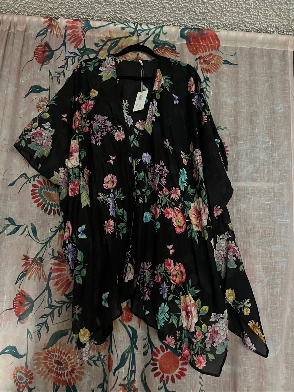 Johnny Was Black Floral Kimono Tunic with Multicolor Blooms